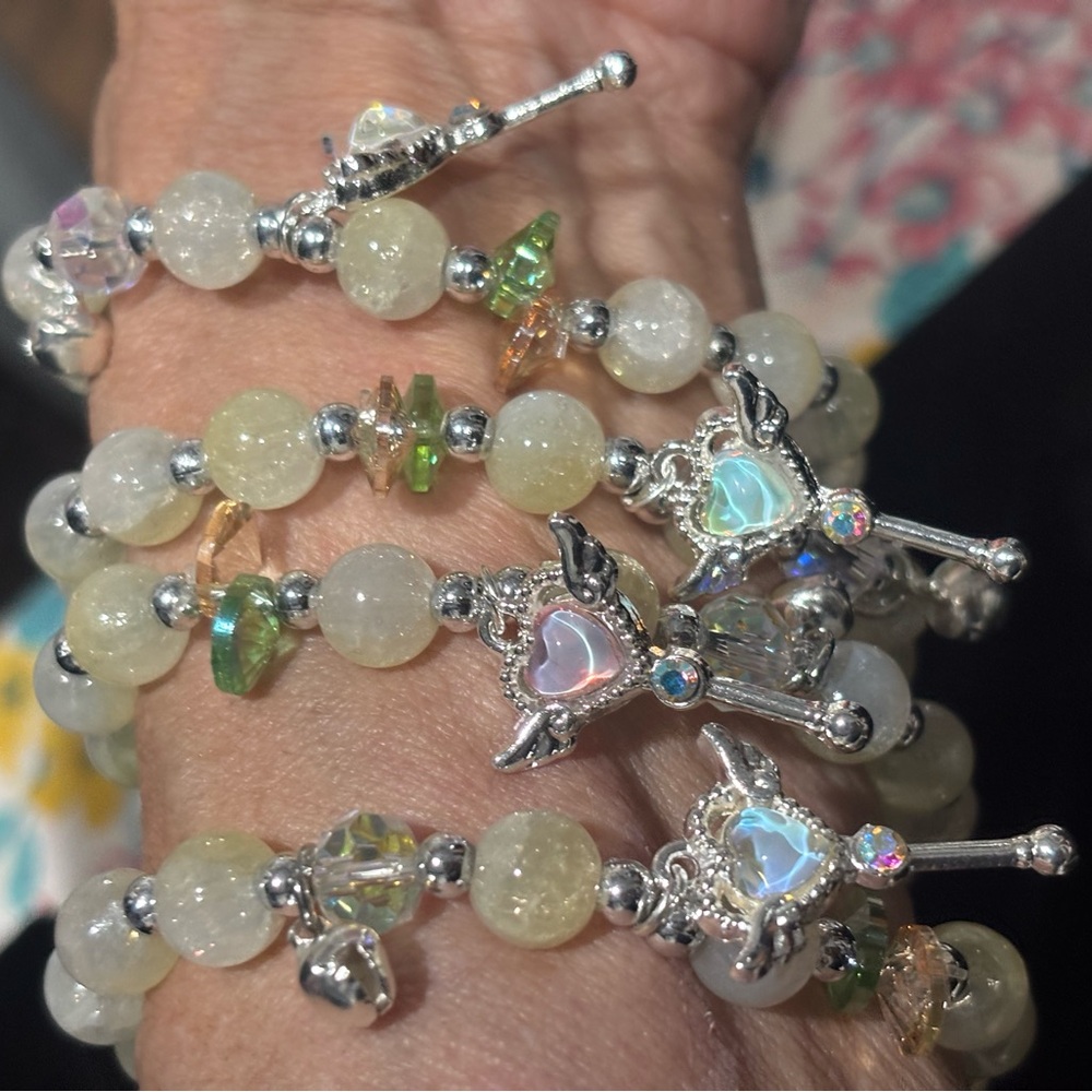 New Christian Creme Glass Bead Bracelet Set with Angel Cross Charms 4Pc Set